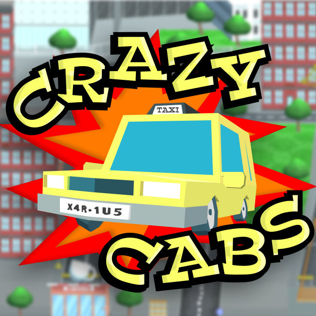 Screenshot of Crazy Cabs, showing a taxi, an explosion, and the letters of the title