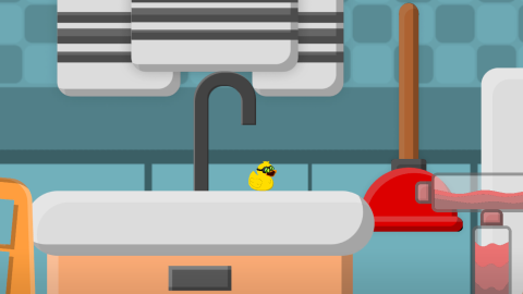 Screenshot of Ducky Tales, showing a rubber ducky in a bathroom environment