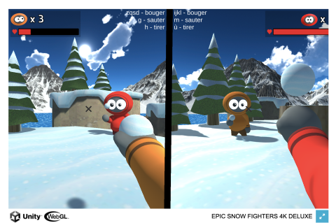 Screenshot of EPIC SNOW FIGHTER 4K DELUXE, an arcade game (like tankerz) that I made, we can see 2 'keny' ready to throw snowballs