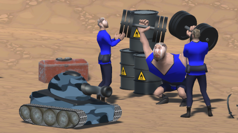 Screenshot of Tankerz, showing a Tank passing in front of some soldiers, including one lifting weights