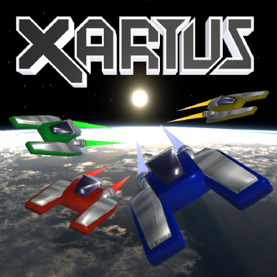 Screenshot of Xarius, showing 4 spaceships flying in space