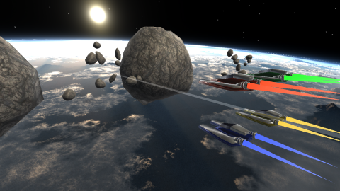 Screenshot of Xarius, showing 4 spaceships flying in space